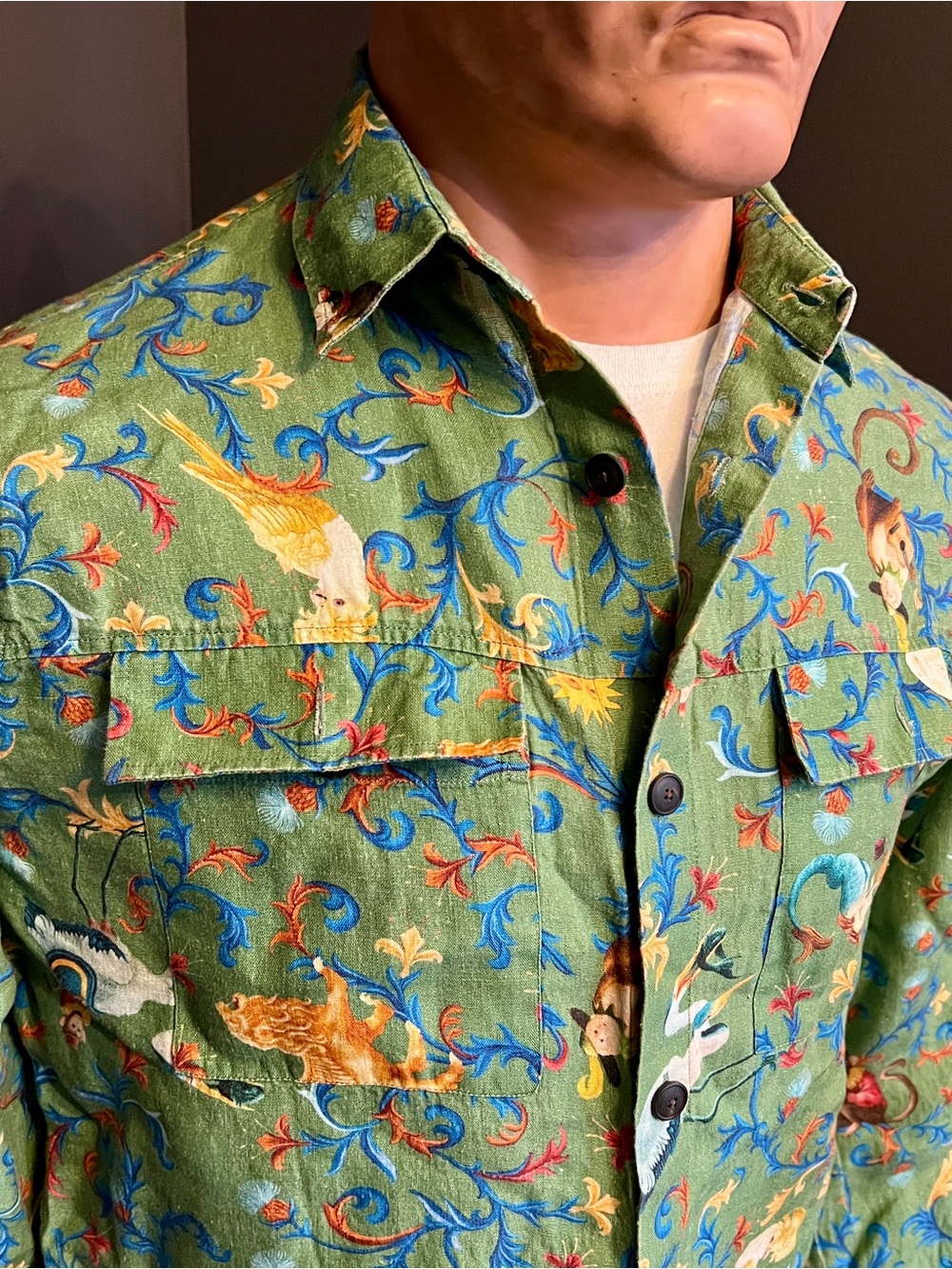Soloio Green Button-Up Shirt with Multicolor Animal & Floral Print - Linen